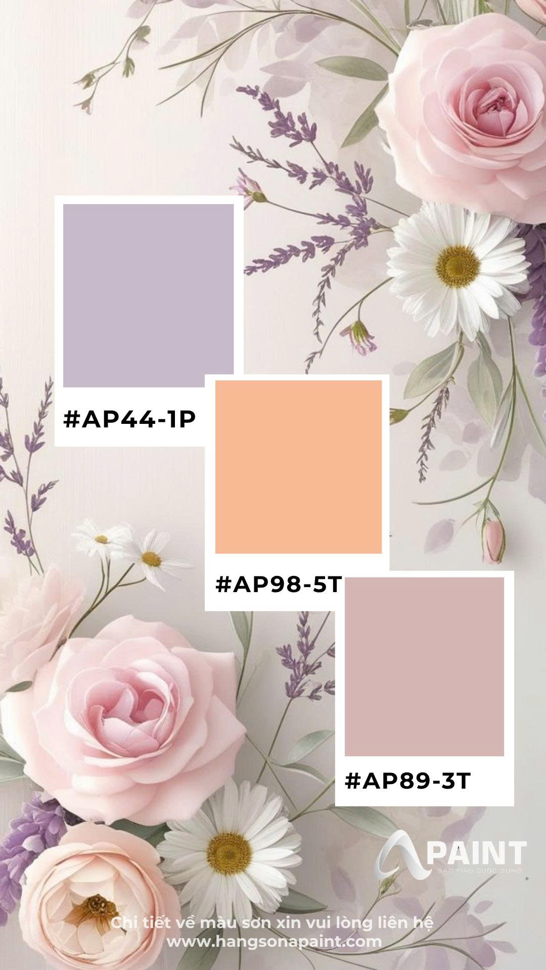 Bảng phối màu AP44-1P, AP98-5T & AP89-3T – Nét đẹp lãng mạn của không gian sống hiện đại